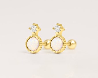 18G Tiny Opal Conch Earrings, Minimalist Studs, Prong Earrings, Opal Gemstone Jewerly, Sterling Silver, 18k Gold Opal, Screw Back Earring