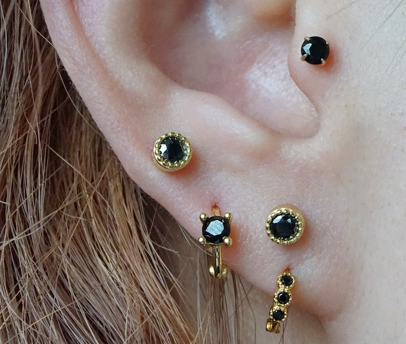 Black Diamond Stud Earrings, Dainty Earrings, Tiny Stud Earrings, Gold Black Jewels, Small Stud Earrings, Sterling Silver, Gift For Her image 4