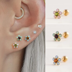 Gemstone Flower Cartilage Earring, Helix Piercing, Stud Earrings, Daisy Screw Back Earrings, 18G Gold Piercing, 16G Silver Conch Earring