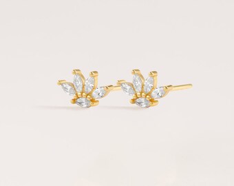 Marquise Cut Stud Earrings, Leaf Shape Earrings, Cartilage Earring, Gold Helix Stud, Sterling Silver,Gold Stud Earrings, Engagement Earring