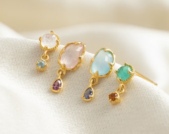 Natural Gemstone Stud Earrings, Birthstone Earrings, Gold Stud Earrings, Summer Jewelry, Aquamarine Earrings, Diamond Earrings, Dainty Stud
