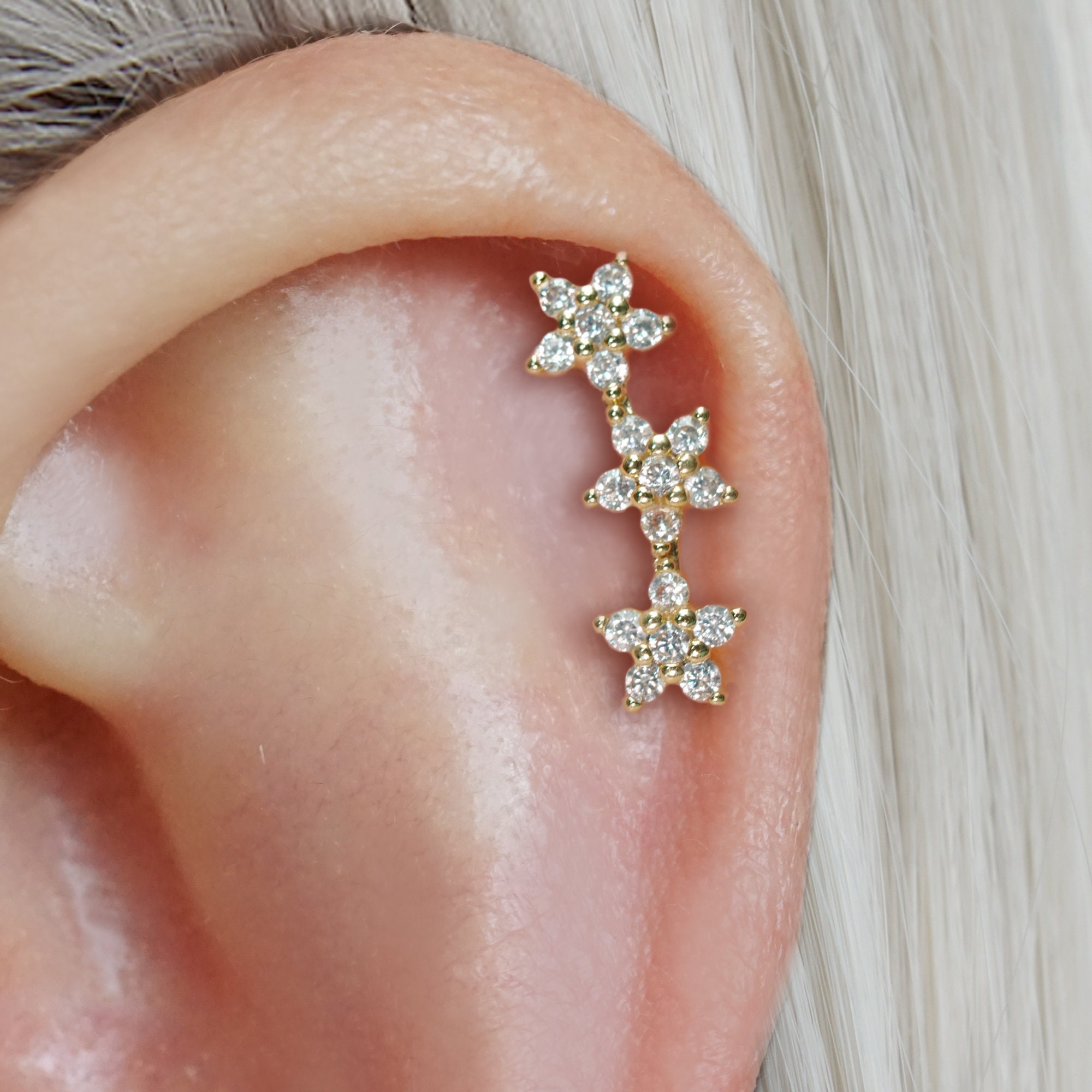 Triple Flower Cartilage Earring Helix Earring Flat Back Earrings