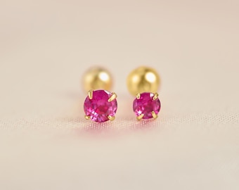 18G ruby stud earrings, screw back earrings, small studs, July earrings, birthstone earring, gold stud earring, pink earrings, gift for her