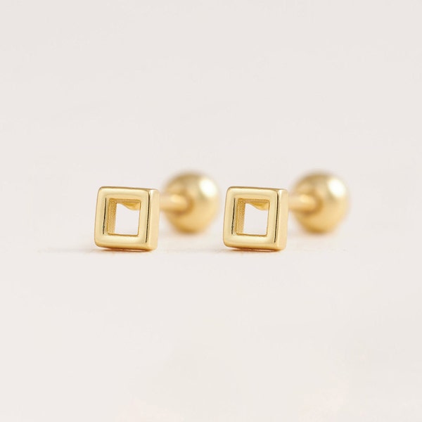 square earrings, geometric stud earring, small earrings, cute earrings, sterling silver earrings, gold studearrings, fun earrings, 20g