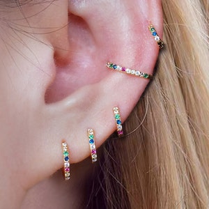 rainbow huggie hoop earrings, small hoop earrings, simple hoop earrings, cartilage, helix, tragus hoop, conch hoop, huggie earrings, pave cz