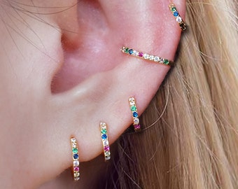 rainbow huggie hoop earrings, small hoop earrings, simple hoop earrings, cartilage, helix, tragus hoop, conch hoop, huggie earrings, pave cz