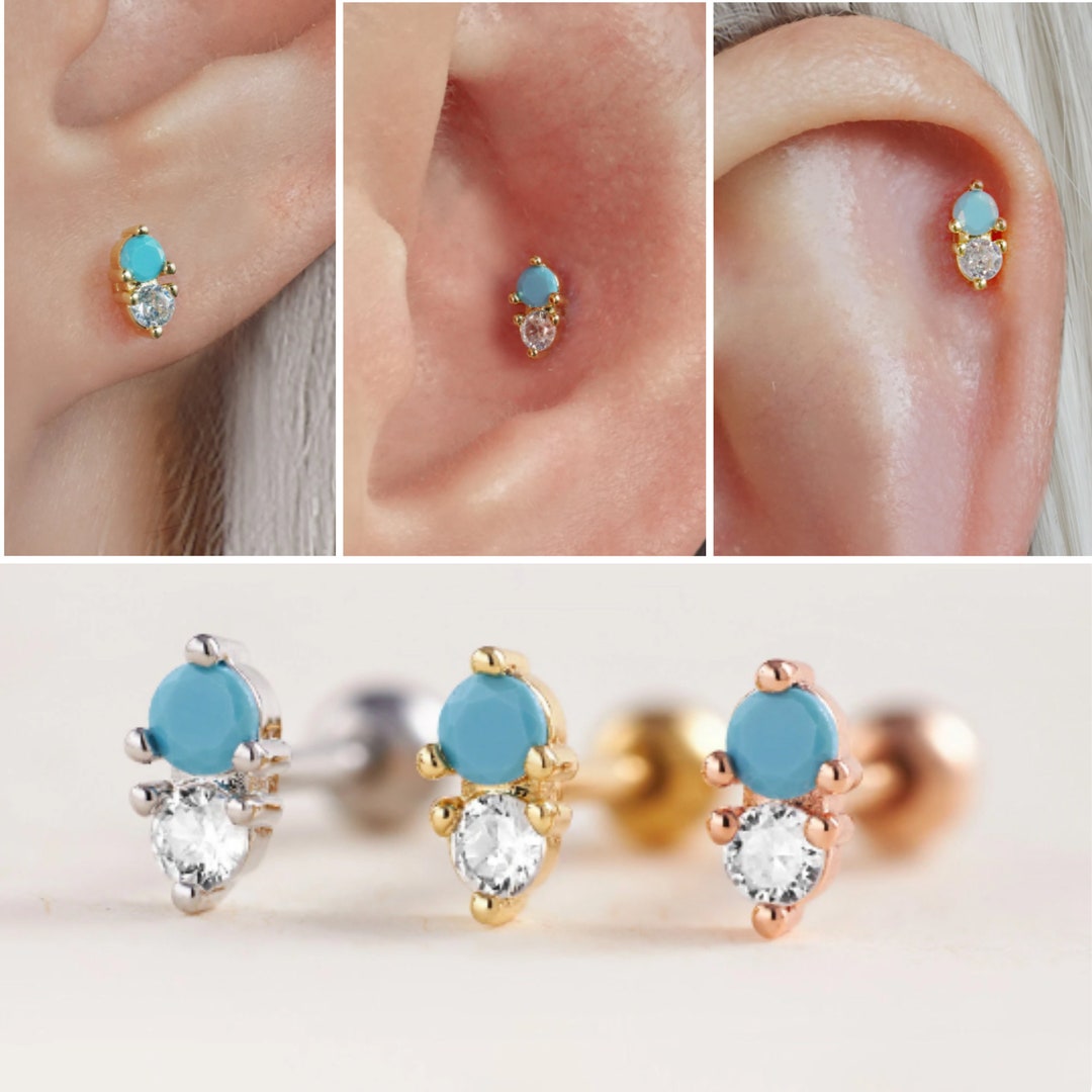 Double Gemstone Flat Back Earrings Cartilage Earrings Helix Etsy