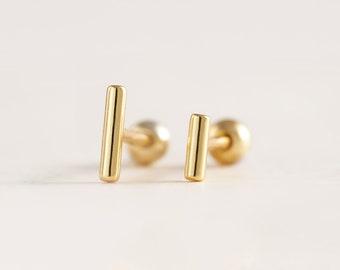 Simple Bar Stud Earring, Tiny Line Lobe, Cartilage, Tragus Piercing, Gold Bar Stud, Sterling Silver, Minimal 18G Ball End Stud, Gift for Her