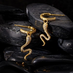 Gold Snake Earrings, Animal Earrings, Sterling Silver Dangle Earrings, Snake Earrings Dangle, Hypoallergenic Earrings Snake, Cute, Women