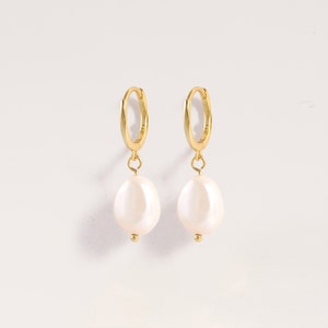 Dangling Freshwater Pearl Hoop Earrings, Drop Pearl Charm Huggie Hoop Earrings, Cartilage Hoops, Minimalist Earrings, Vintage Gift For Her