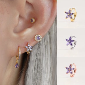Flower Cartilage Hoop, Flower Earrings, Helix Hoop, Rose Gold Huggie Earrings, Tragus Hoop, Amethyst Earrings, Brith Flower Earring, 14k