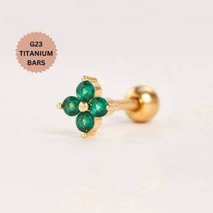 Emerald Cz Helix Piercing, Four Round Stone Cartilage Stud, Four Leaf Clover Gold Conch Earring, Religious Lobe Jewelry, Tiny Gift, Tragus