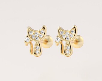 Cat Cartilage Earrings, Diamond 18G Earring, Animal Helix Studs, Animal Earrings, Screw Back Earring, Conch Earring, Pussy Cat Earrings