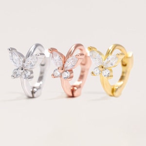 Butterfly Huggie Earrings, Gold Huggie Hoop Earrings, Diamond, Sterling Silver, Cartilage Hoop, Rose Gold, Mini. Helix, Tragus, Small Lobe