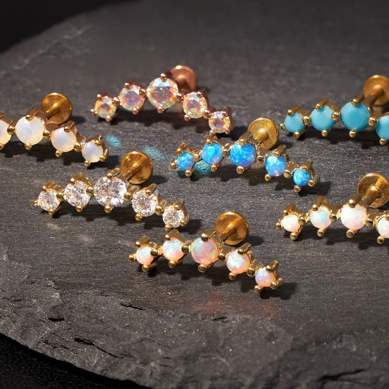 (Sets of 2)Curved Cartilage Earring | Opal Conch Earring | White CZ Helix Earring |  Gold Helix Piercing | Rose Gold Conch Piercing | Moonstone Earring