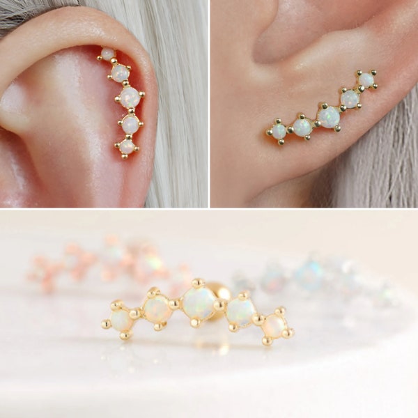 White Opal Earrings - Cartilage Earring - Curved Barbell Helix 16G 18G 20G - Conch Piercing - Flat Back Studs - Labret Stud - Titanium Bar