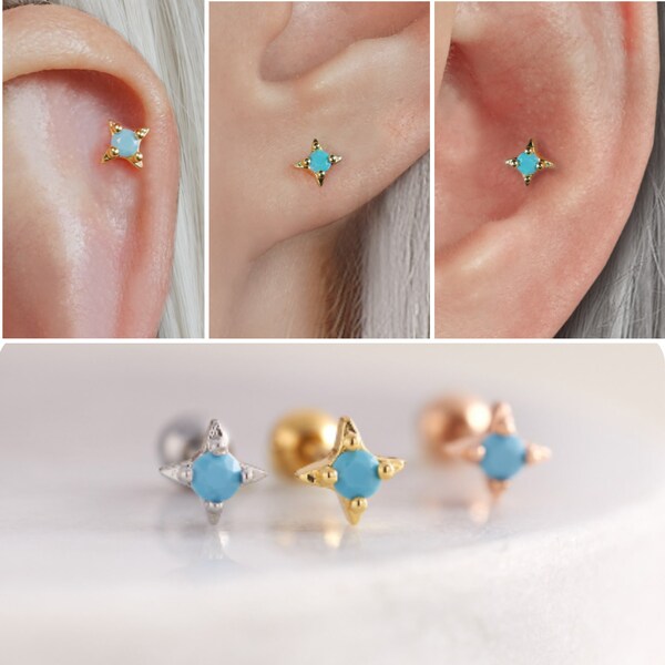 Tiny Star Conch Earring, Cartilage Earring, Helix Stud, Flat Back Earring, Titanium Barbell, Screw Back Earrings, 16 gauge, 18 gauge, 20 g