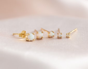 White Opal Stud Earrings, Multiple Sizes Cartilage Earrings, Gold Studs, Helix Earrings, Dainty Opal Jewelry, Birthday Gift, Minimalist Stud