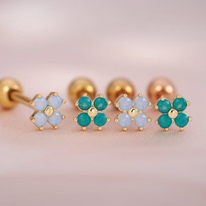 Four Clover Leaf Conch Earring, Flat Back Earrings, Blue Moonstone Earrings, Cartilage Stud, Helix Ear Piercing Jewelry, Gold, Silver, Green