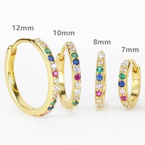 rainbow cz hoops, rainbow huggie hoop earrings, cz pave rainbow hoops, multicolored hoops, gold hoops, huggie earrings, minimalist hoop