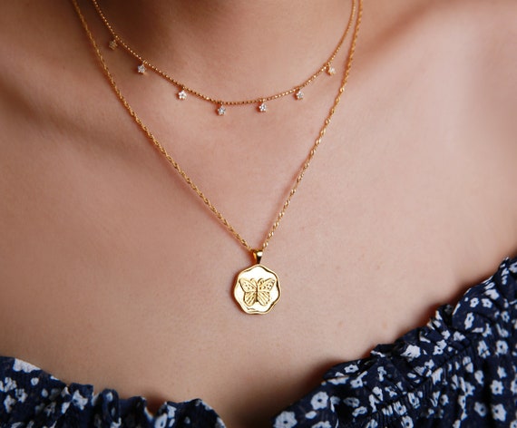 Butterfly Coin Necklace Medallion Necklace Layering Chain