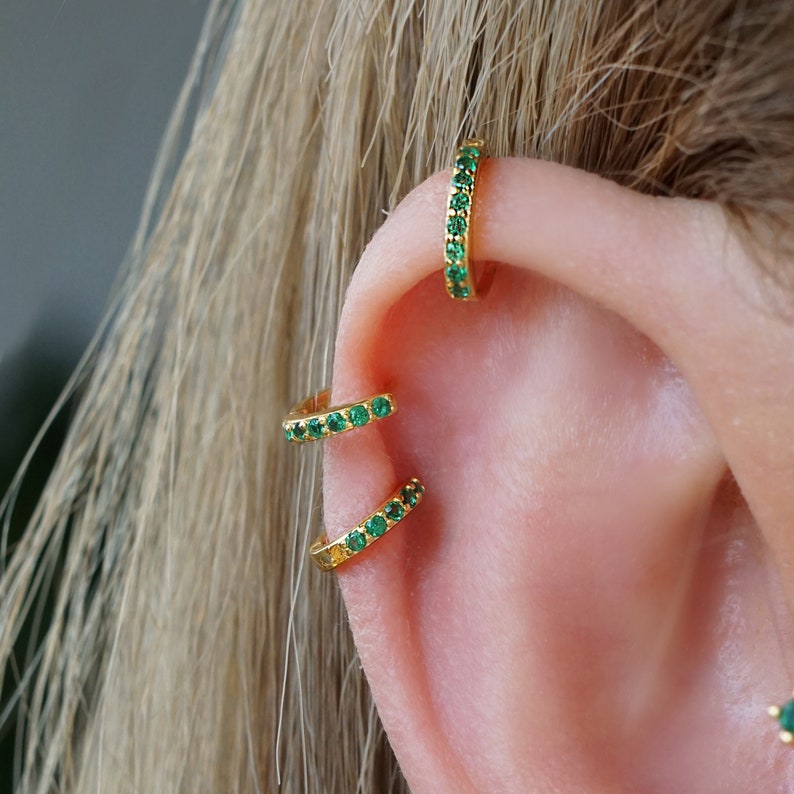 green cz hoop earring dainty hoop Huggie hoop earrings image 1