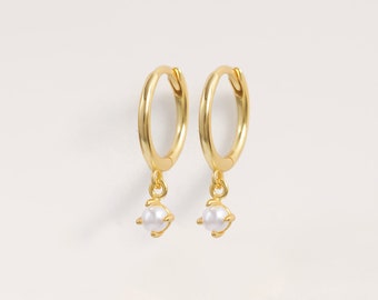 Small Pearl Hoop Earrings, Dangly Hoop, Sterling Silver Lobe Earrrings, Minimal Pear Jewelry, Anniversary Gift, Dainty Drop Earrings, Hoops