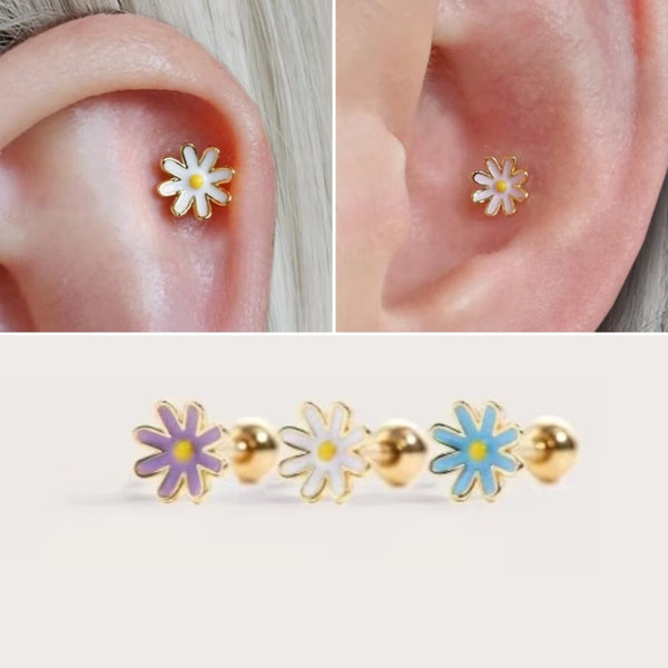 Flower Helix Earring, Cartilage Piercing, Flat Back Earrings, Daisy Earrings, Conch Earring, Tragus, Small Stud Earring, Titanium Earring