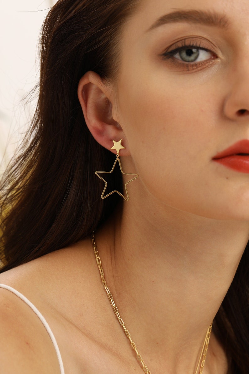 minimalist earrings gift for her celestial drop earrings dainty and delicate double stars dangle earrings twinkle star ear threader