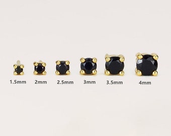 round black cz stud earring, prong set, sterling silver, 1.5mm, 2mm, 2.5mm, 3mm, 3.5mm, 4mm gem stone earring studs, cartilage, tiny, small