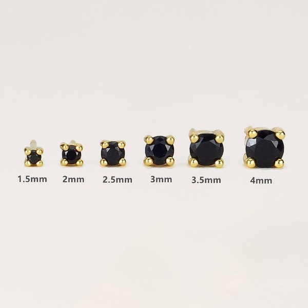 round black cz stud earring, prong set, sterling silver, 1.5mm, 2mm, 2.5mm, 3mm, 3.5mm, 4mm gem stone earring studs, cartilage, tiny, small