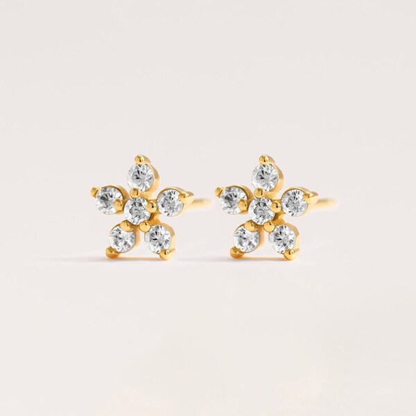 Flower Earrings, Diamond Stud Earrings, White Gold Flower, 925 Sterling Silver, Small Cartilage, Piercing, Stud Earrings For Women, Wedding