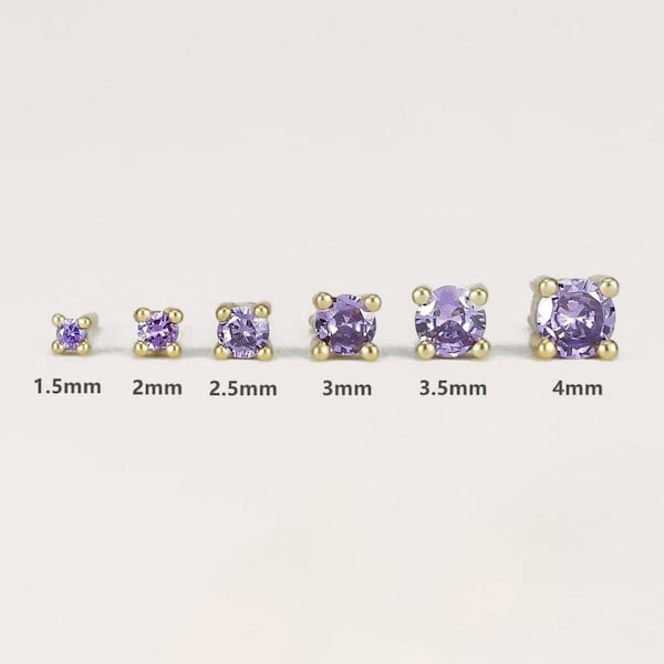 Amethyst Purple Crystal Stud Earrings in Sterling Silver, Four Prong, Gold or Silver, Tiny Studs, Purple CZ Earrings, Bridal Earrings