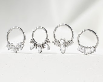 Titanium Daith Hoop, Silver Daith Jewelry, Dainty Daith Hoop Earring, Hinged Clicker, 16G Piercing Earring, Crystal Small Hoop Earring