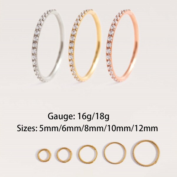 16G,18G 6mm-12mm hoop, white cz hoops, Septum Clicker, small hoop earrings, Segment, helix, tragus, conch hoop, daith, rook, cartilage hoop