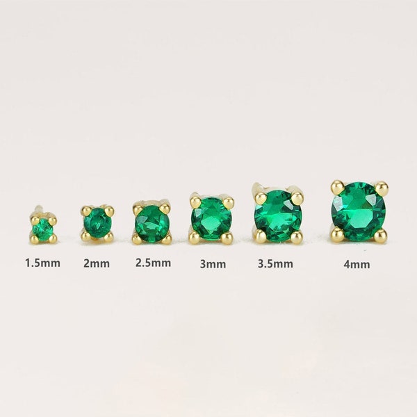 small cz stud Earrings, emerald green, Prong Set, Stud Earrings, small Stud Earrings, cartilage, birthstone Studs, 1.5mm, 2mm, 2.5mm, 3.5mm