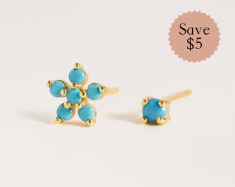 Turquoise Earrings Set, Gift Set, Birthday Gift, Gift for Her, Flower Earrings, Gold Stud Earring, Summer Jewlry Set, Minimalist Earrings