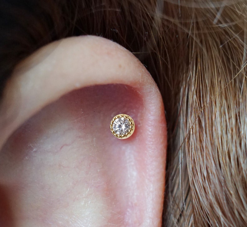 Round White CZ Cartilage Stud Earrings, Tiny Stud Earrings, Conch Studs, Helix Earrings, Tragus Stud, Minimalist Earrings, Screw Back, 20g image 3