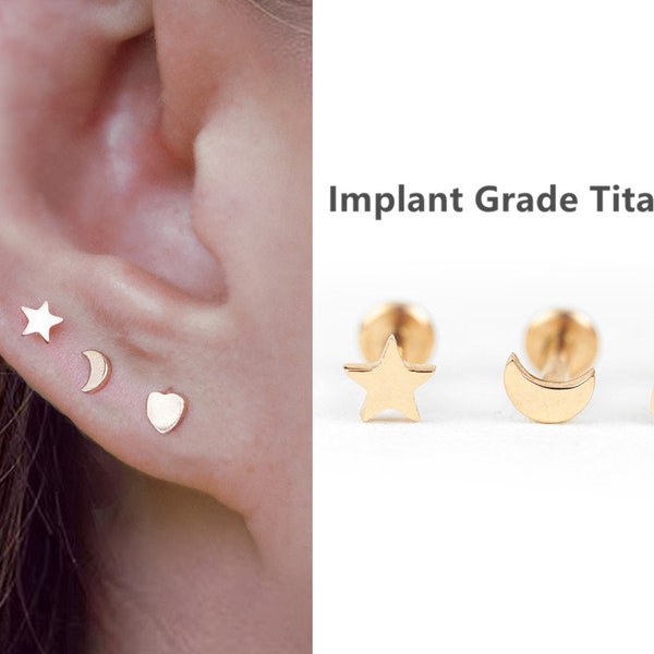 Rose gold star, moon, heart, cartilage, titanium earring, internal thread, rose gold piercing, tragus stud, helix, conch, 16g labret stud,