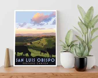 San Luis Obispo Cal Poly, Prefumo Canyon, Fine Art Print, Handmade Art, Grad, Alumni, Vintage Postcard, California