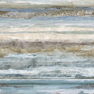 May include: Abstract art print featuring horizontal bands of color. The artwork showcases a blend of muted tones, including beige, blue, and gray, creating a textured, layered effect. The piece evokes a sense of natural elements and a serene atmosphere.