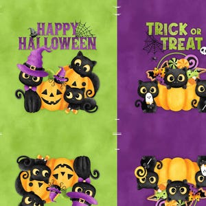 May include: Halloween-themed fabric panels featuring cartoon black cats, pumpkins, and the phrases "Happy Halloween" and "Trick or Treat." The design includes a green and purple color scheme, perfect for crafting seasonal items.