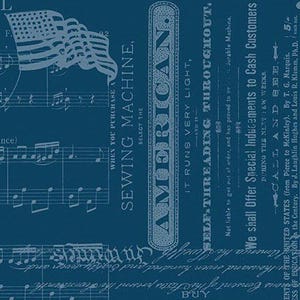 May include: Navy blue fabric with a vintage design featuring musical notes, patriotic imagery, and historical text. The design includes the text "American Patrol," "We the People," and "American Sewing Machine." The fabric is suitable for quilting and crafting.