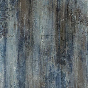 May include: Abstract art piece with a vertical brushstroke design. The color palette includes shades of blue, gray, and brown, creating a textured, weathered appearance. The artwork has a distressed, grunge aesthetic.