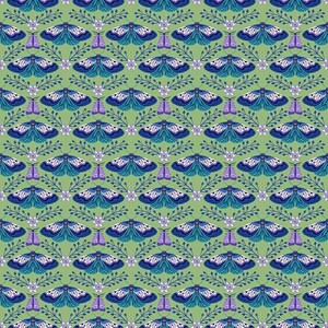May include: A repeating pattern featuring stylized blue and teal butterflies with white accents and purple details, set against a light green background. The design has a symmetrical, floral-inspired arrangement.