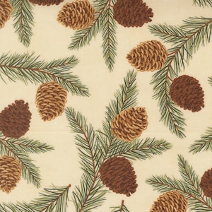 May include: A fabric pattern featuring a repeating design of brown pinecones and green pine needles scattered across a cream-colored background. The illustration shows various pinecones in different shades of brown with detailed textures.