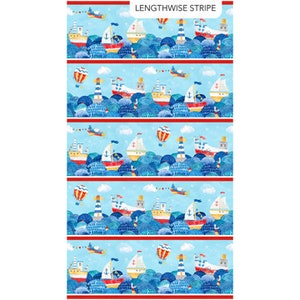 May include: A blue and red striped fabric with a repeating pattern of sailboats, lighthouses, hot air balloons, and airplanes on a blue ocean background.