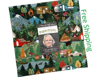 May include: A square stack of fabric squares featuring a forest theme with illustrations of pine trees, mountains, campfires, mushrooms, and wildlife. A central label displays the text moda paperTrails by Cathe Holden and Moda Fabrics.