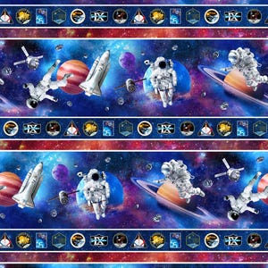 May include: A repeating pattern featuring astronauts, planets, and space shuttles against a vibrant galaxy backdrop. The design includes a border with space-themed emblems and a red and blue color scheme, creating a cosmic aesthetic.