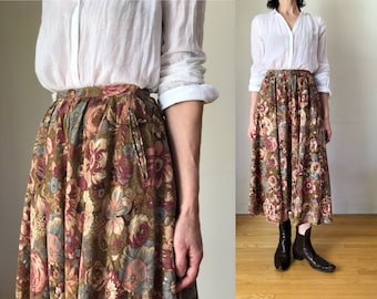 1970s vintage brown floral cotton voile midi length skirt 70s folkloric high waist gathered skirt XS 23 W